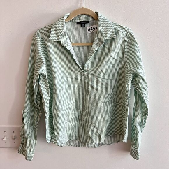 Saks Fifth Ave Green Linen Blend Popover Shirt M Striped Classic Collared Preppy - Picture 5 of 10